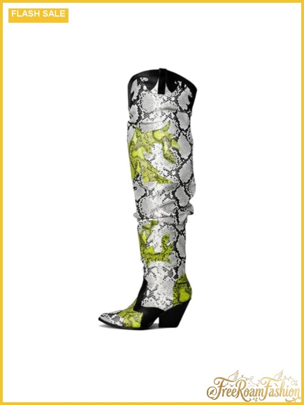 Faux Snakeskin Thigh High Cowboy Boots Chunky Block Heel Western